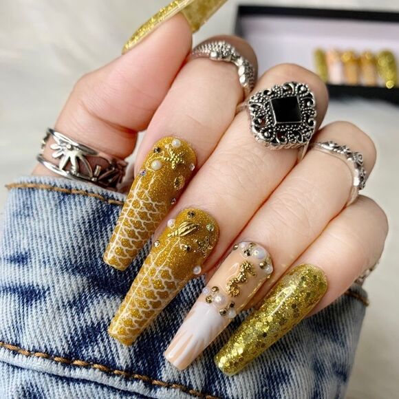 Yellow Mermaid 🧜♀️ Custom Press On Nails | High Quality Nails | Handmade - Picture 1 of 15